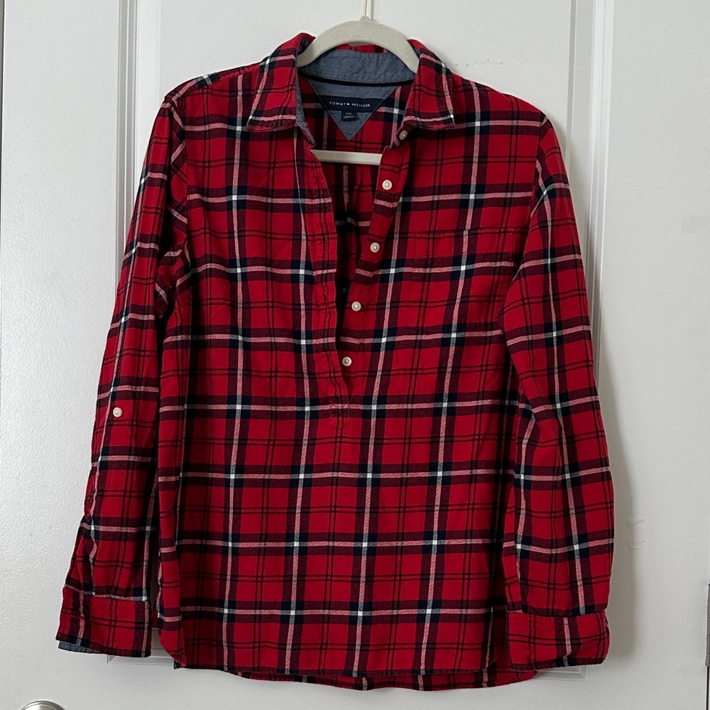 Tommy Hilfiger Red Plaid Half-Button Shirt with Navy and White Trim